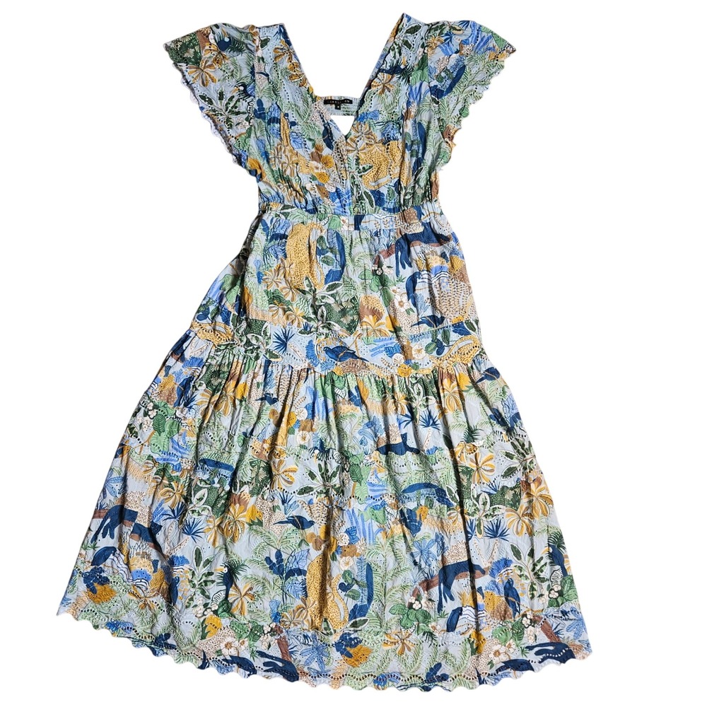 Caballero Susanna Ubud Jungle Dress M Midi Eyelet Tiered Tropical Resortwear